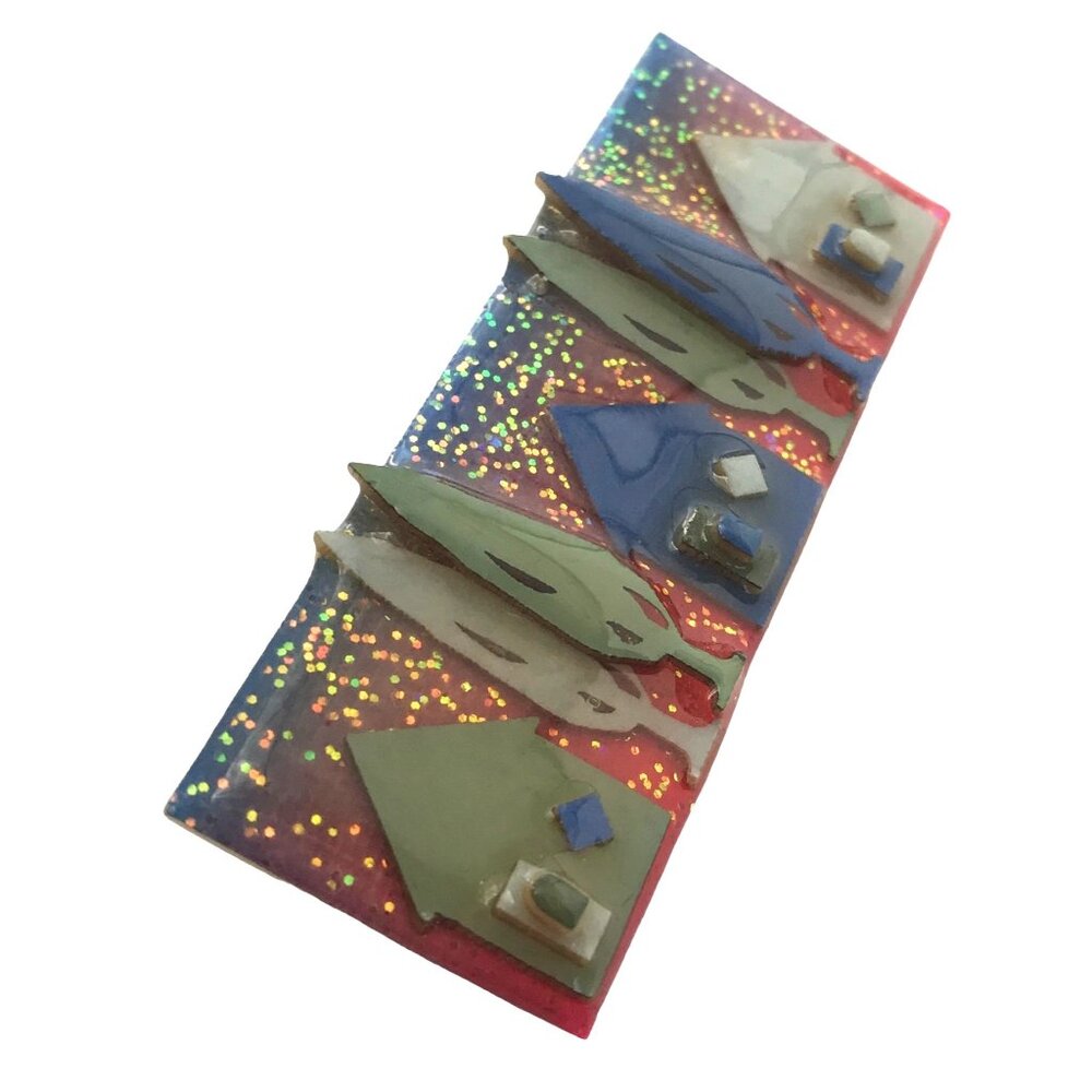 Lucinda Red Glittery Blue Green Trees And Houses Pin M78